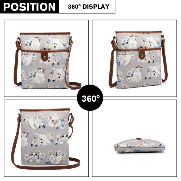 E6838-17CT - Miss Lulu Cat Print Nylon Pouch Cross Body Bag - Grey E6838-17CT - Miss Lulu Cat Print Nylon Pouch Cross Body Bag - Grey